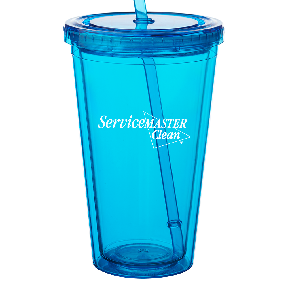 SM Clean translucent blue acrylic tumbler and straw white white logo