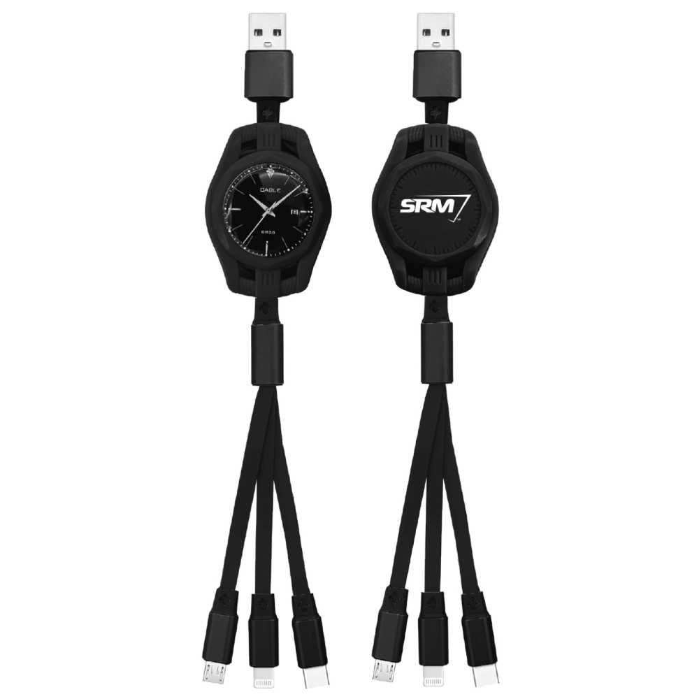 SRM Black Retractable Clock Style 3-in-1 Charging Cables