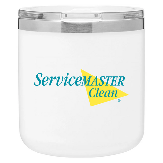 SM Clean white 12oz. insulated mugs with teal and yellow logo