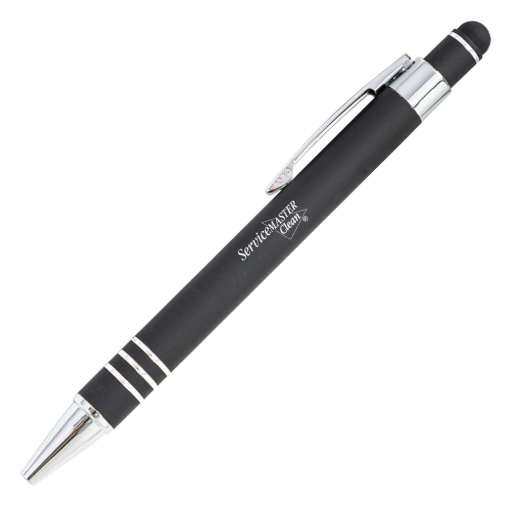 SM Clean Black stylus pen with chrome accents, soft rubber barrel, white logo