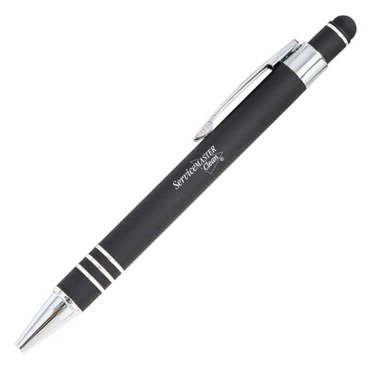 SM Clean Black stylus pen with chrome accents, soft rubber barrel, white logo