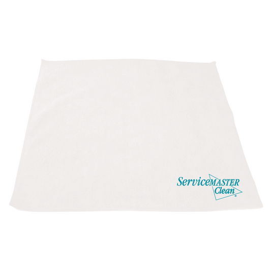 SM Clean white 16" x 16" towel with teal logo