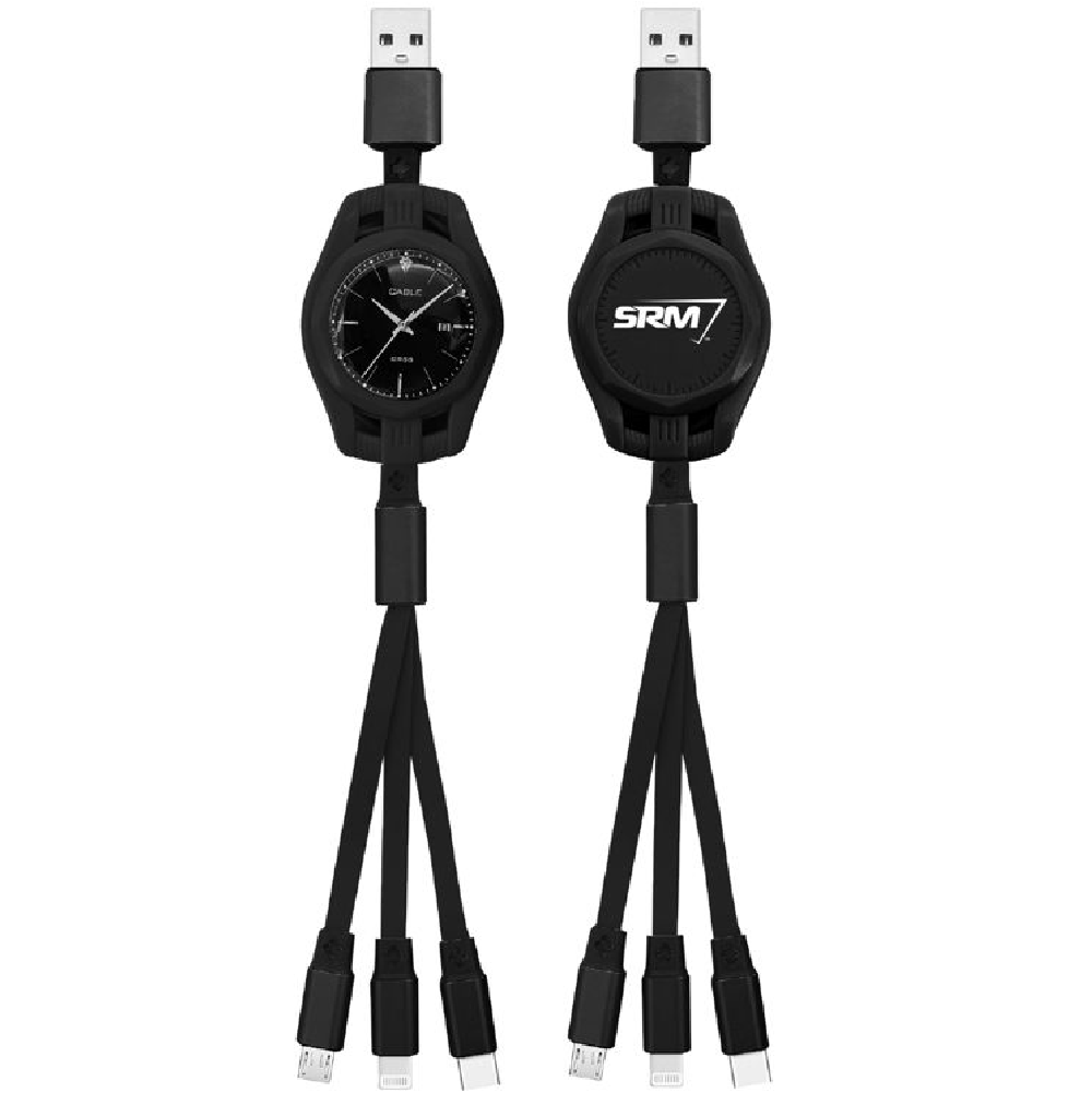 Black Retractable Clock Style 3-in-1 Charging Cables "3in1 Noodle"