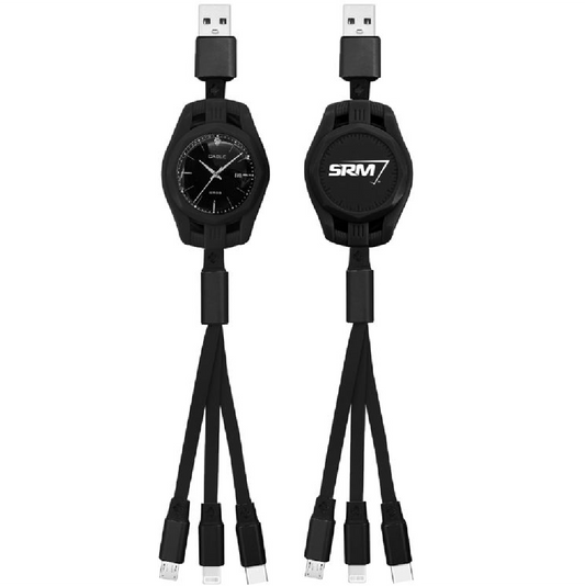 Black Retractable Clock Style 3-in-1 Charging Cables "3in1 Noodle"