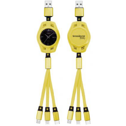Yellow Retractable Clock Style 3-in-1 Charging Cables "3in1 Noodle"
